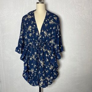 Floral Print Teal XL Kimono Style‎ Tie Waist Cover Up Ruffle Bell Sleeve Beach
